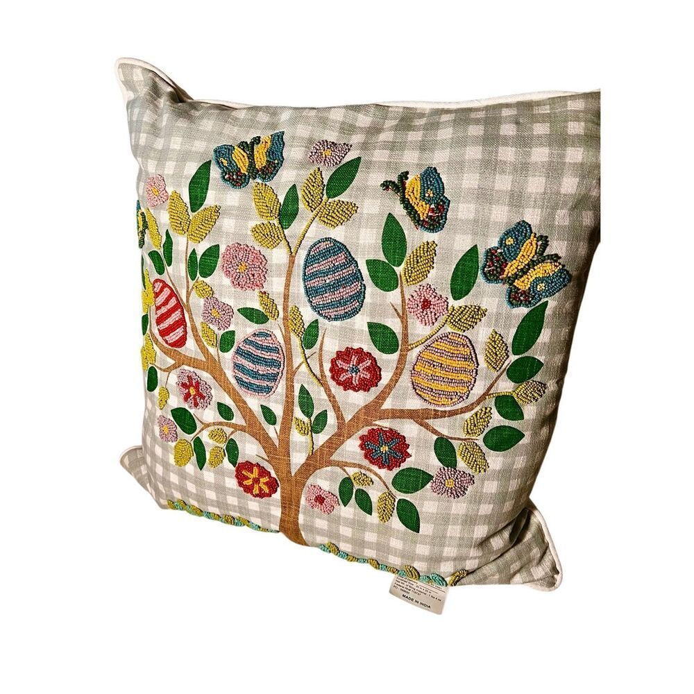 Lacourte 20″ x 20″ Easter Egg Tree Beaded Decorative Pillow, Green Gingham Print - Picture 3 of 10